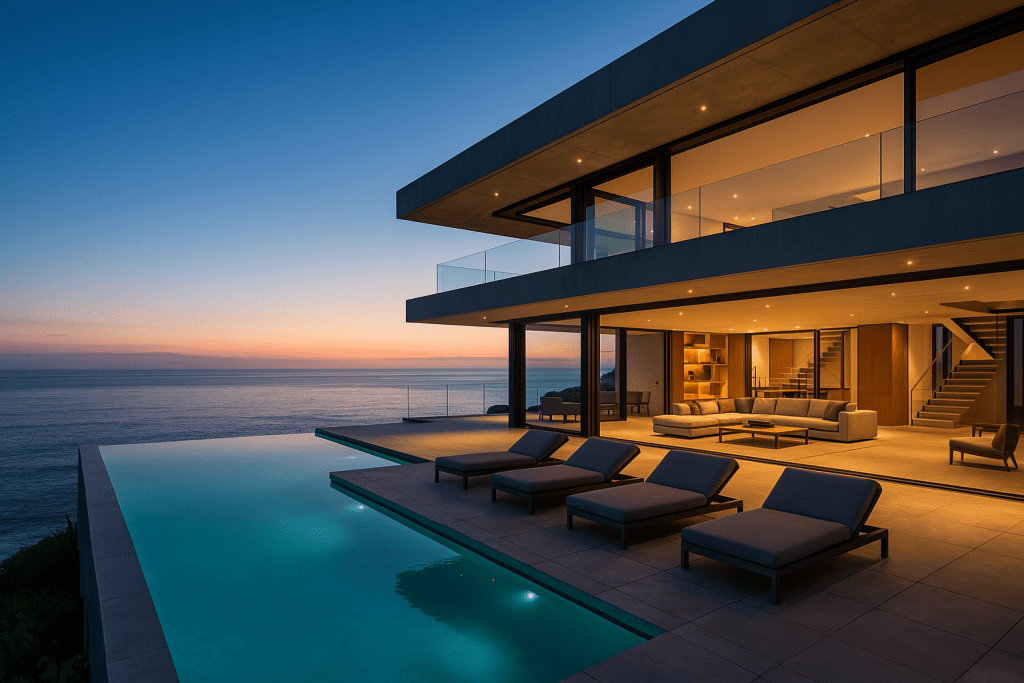 Cliffside view of The Pentagon Villa with infinity pool and ocean backdrop
