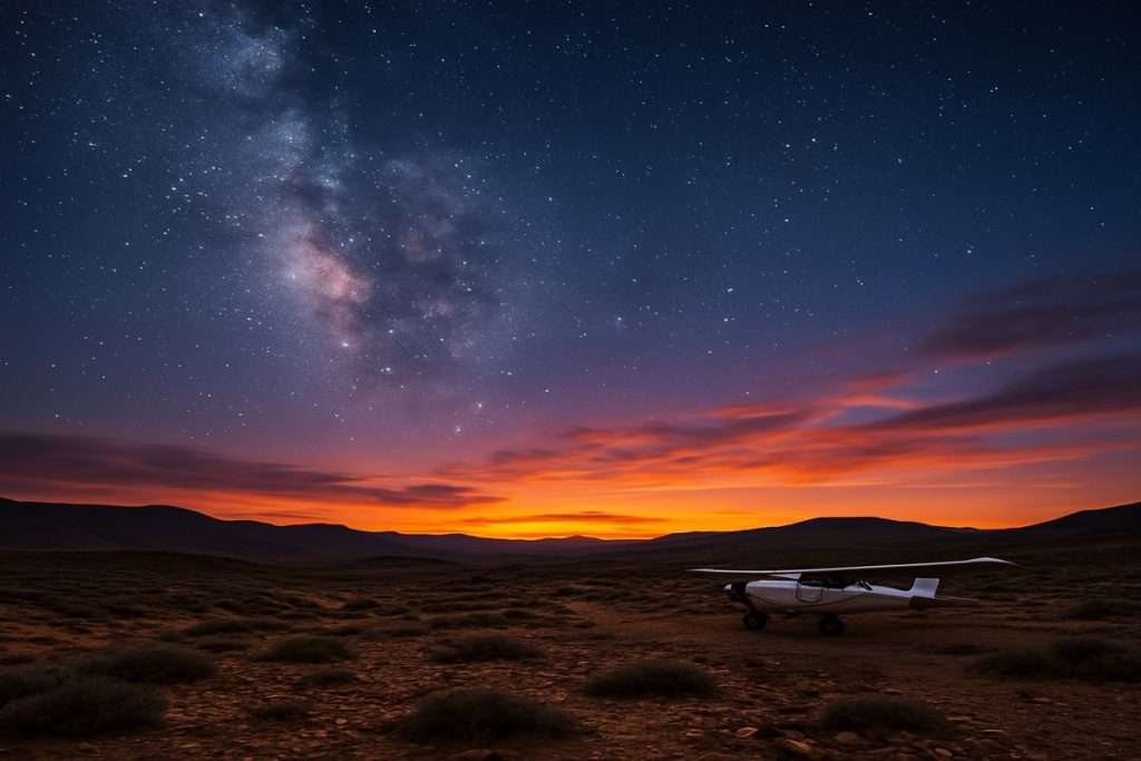 Small aircraft parked in the Tankwa Karoo under a Milky Way night sky with a vibrant sunset on the horizon