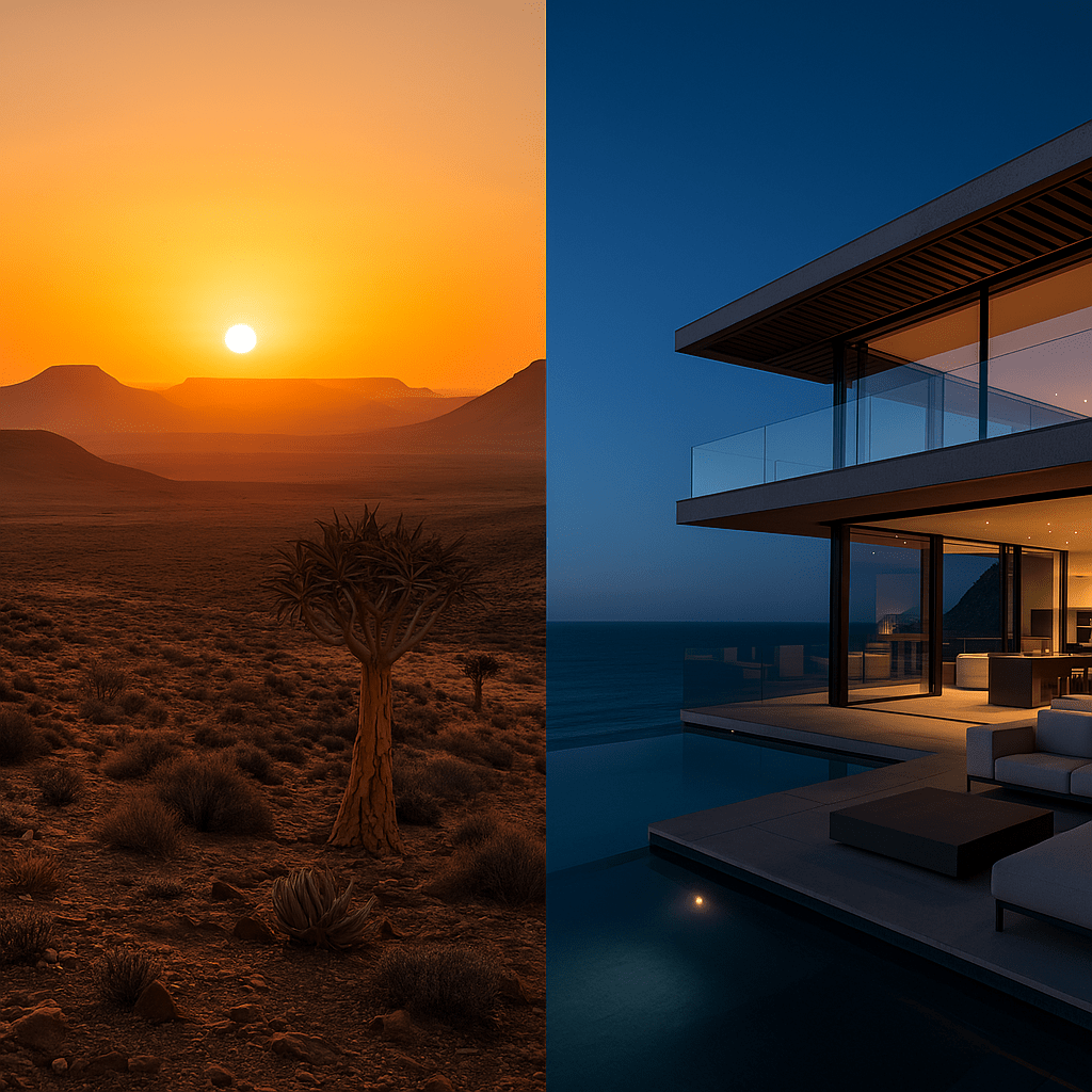 Luxury travel in South Africa: contrasting views of the Tankwa Karoo desert at sunset and The Pentagon Villa in Clifton overlooking the ocean at twilight