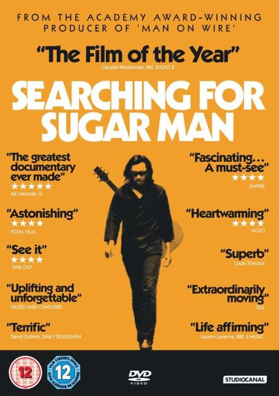 Promotional movie poster for Searching for Sugar Man, featuring musician Sixto Rodriguez walking with a guitar on an orange background, surrounded by critical praise and star ratings.