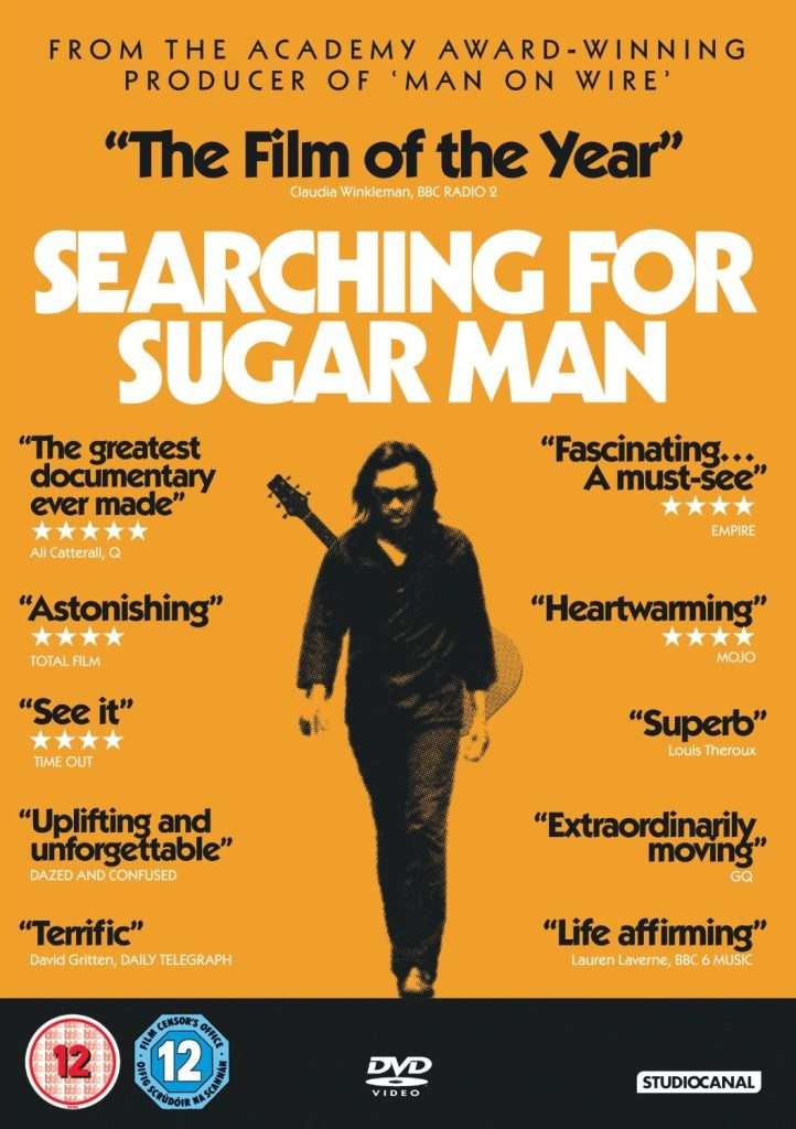 Promotional movie poster for Searching for Sugar Man, featuring musician Sixto Rodriguez walking with a guitar on an orange background, surrounded by critical praise and star ratings.