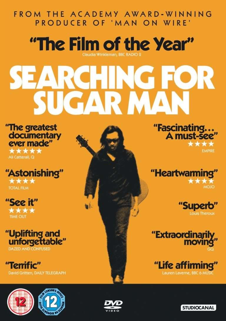 Promotional movie poster for Searching for Sugar Man, featuring musician Sixto Rodriguez walking with a guitar on an orange background, surrounded by critical praise and star ratings.